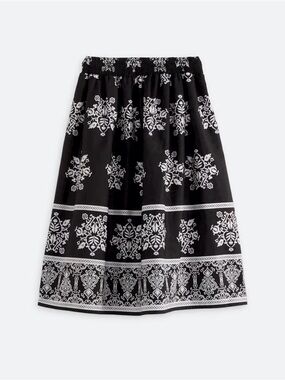 CeCe Smocked-Waist Midi Skirt Black White Floral * Sz. Large* NWT